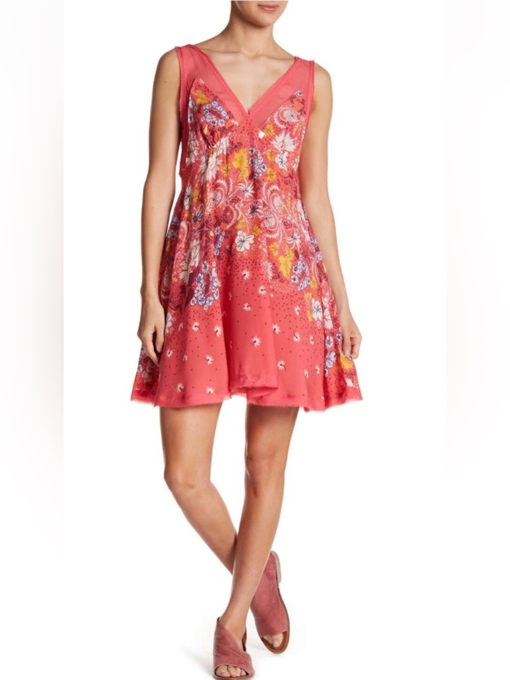 Free People Un-Lined Dress Grapefruit Multi Colored Print Size XS